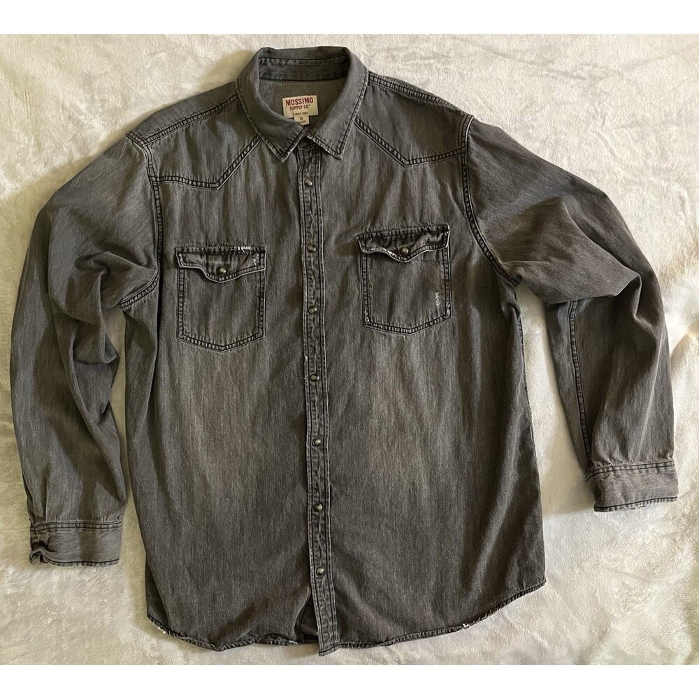Mossimo Men XL Gray Denim Pearl Snap Shirt Long Sleeve Faded Workwear Grunge Y2K
